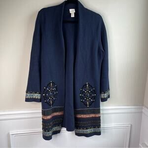 Chico’s navy‎ blue embellished wool blend open front sweater cardigan size 8